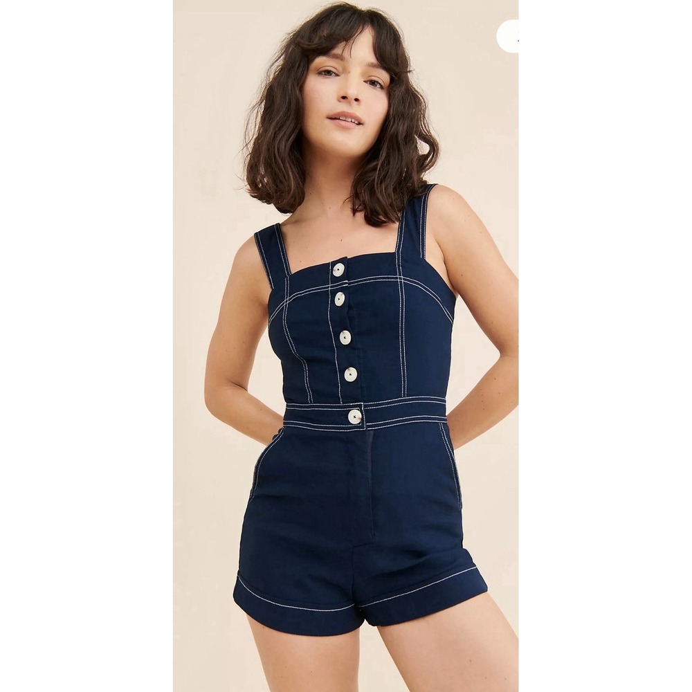 NEW Anthropologie Maeve Portside Button-Front Denim Shorts Romper Denim Size Sm